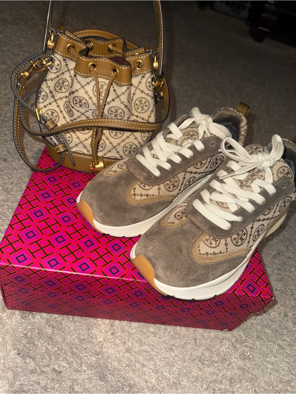 Tory Burch Logo Suede & Canvas Sneakers & matching bucket-bag. Dust-bag too.